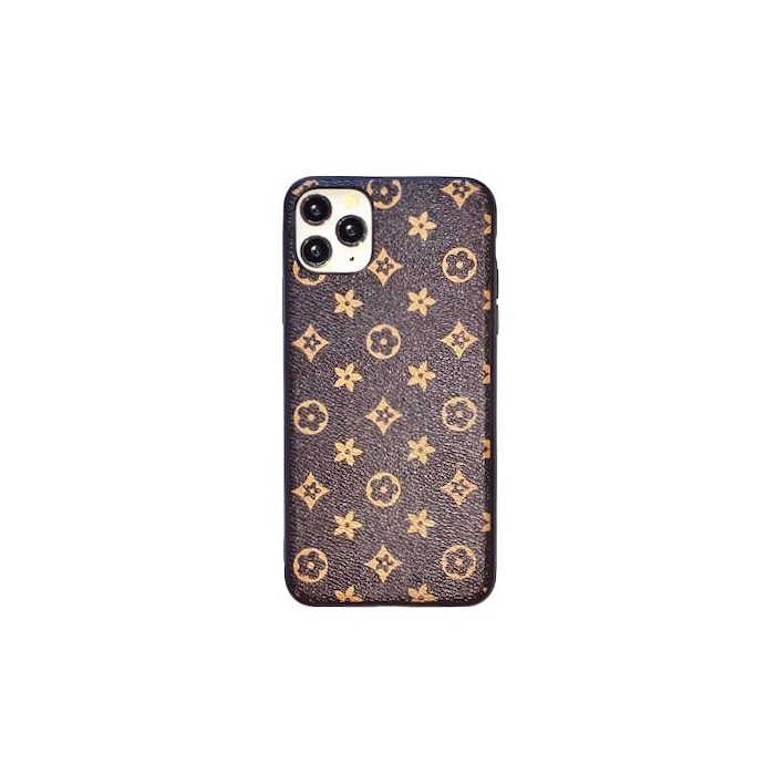 Iphone 12-12 Pro-Coque arrière style LV-Fleures et étoile-marron